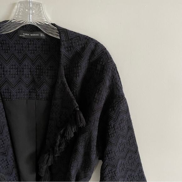 Zara Navy Jacquard Fringe Tassel Kimono Jacket - Picture 5 of 10